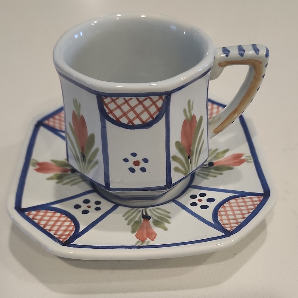 HB Quimper Mistral Blue  Flat Cup & Saucer Octagonal Center Woman